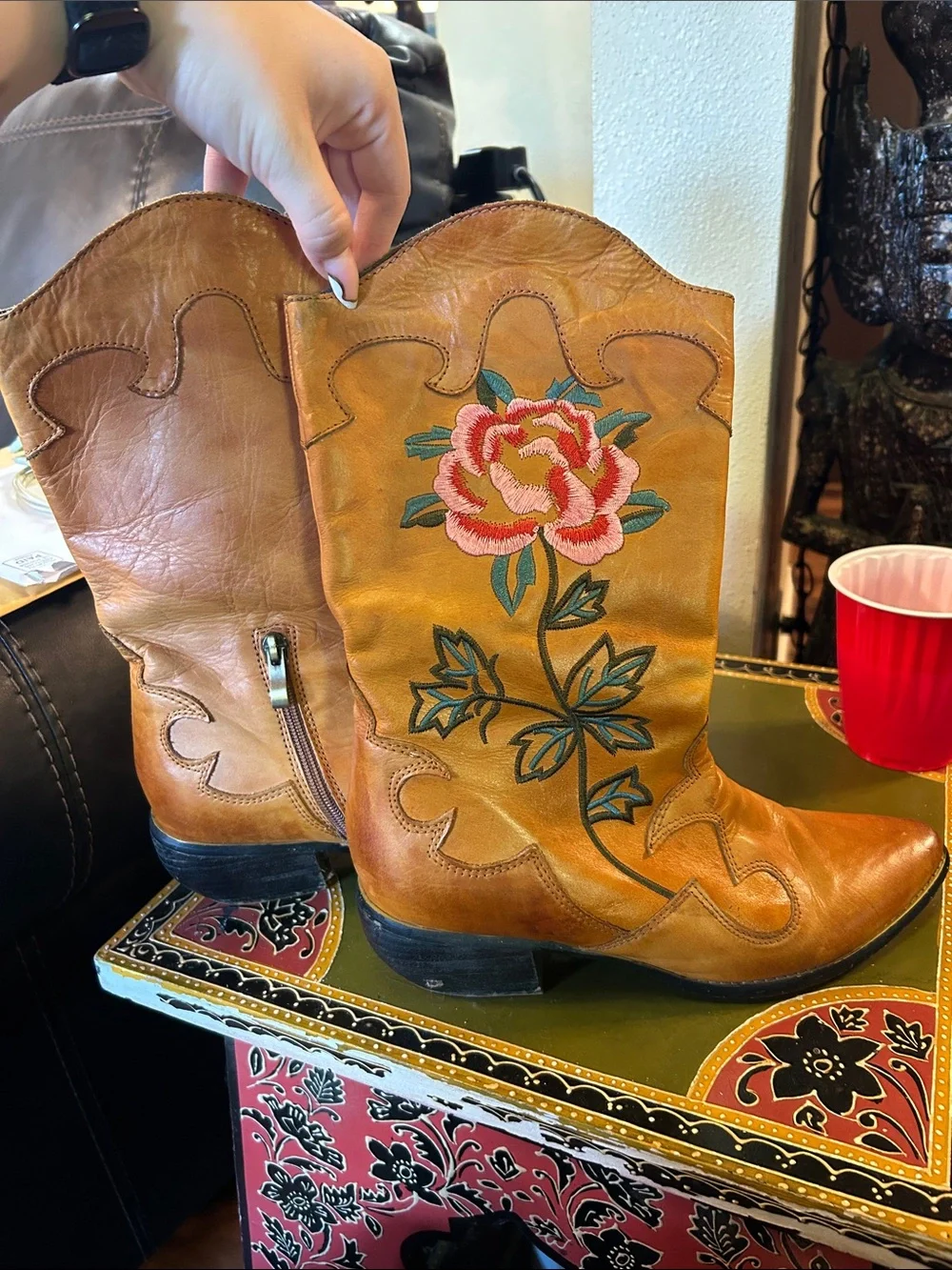 Spring Step Tan Leather Western Booties with Pink Rose Embroidery